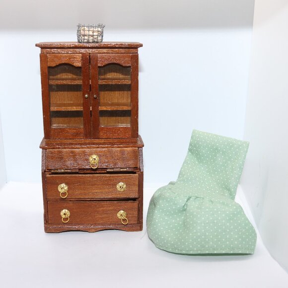 Vintage dollhouse wooden secretary desk set W/basket of eggs & chair cover - Picture 1 of 7